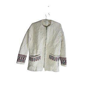 Mango Embroidered Cotton Zip Up Boho Jacket Cream Red Size Medium M